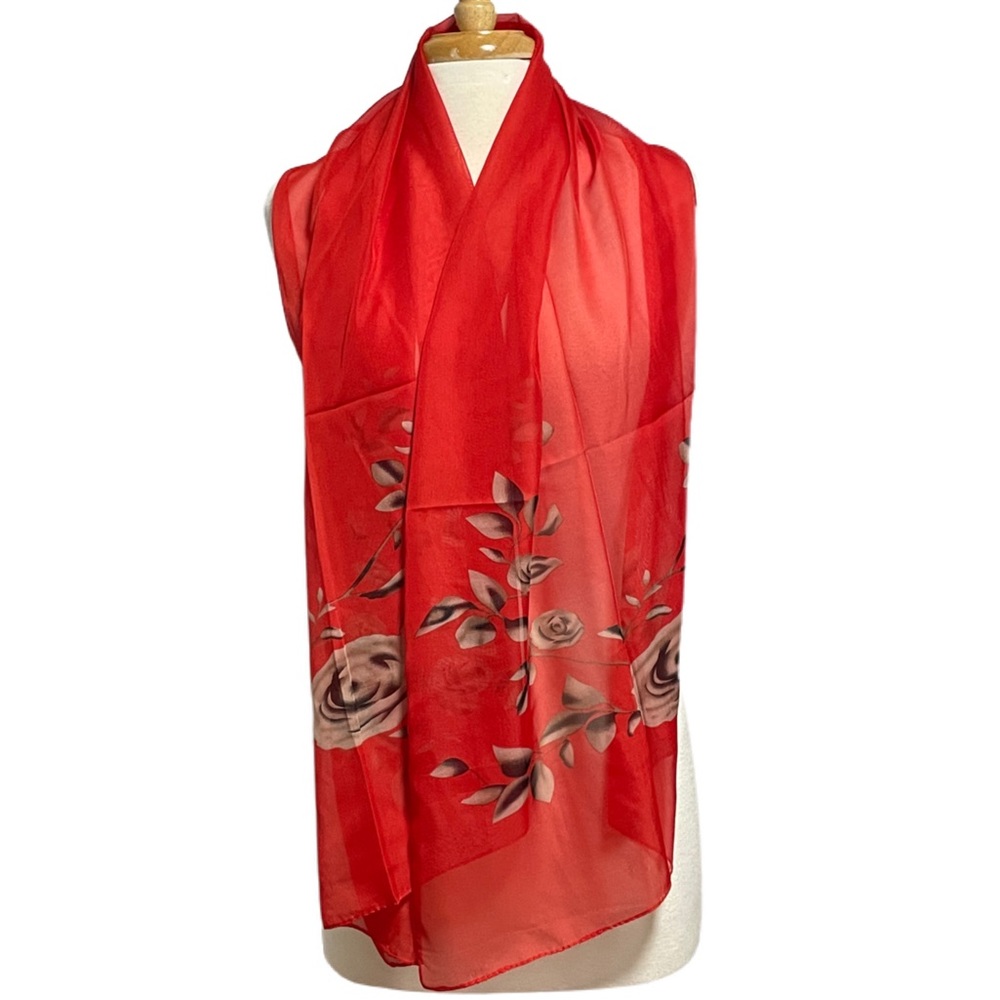 1167-Polyester Rectangular Floral Scarf-Red - Picture 3 of 4